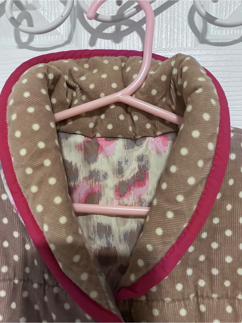 Girls Tan Polka Dot Corduroy Quilted Vest with Pink Trim. Size 4/5T